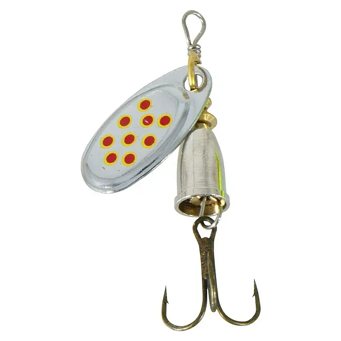 Westline Spinnerbait - Silber, Größe Haken: 3/0, 7 g - Nahaufnahme eines Spinner-Angelköders mit silbernem Blatt, roten Punkten und einem Drilling. Ein Muss für jeden Angler!