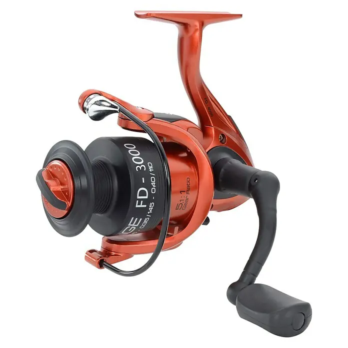 Westline Angelrolle O-Range FD - Gewicht: 280 g - Nahaufnahme einer orangefarbenen Angelrolle FD-3000, die sich durch ihr robustes Design und ihre präzise Mechanik auszeichnet.