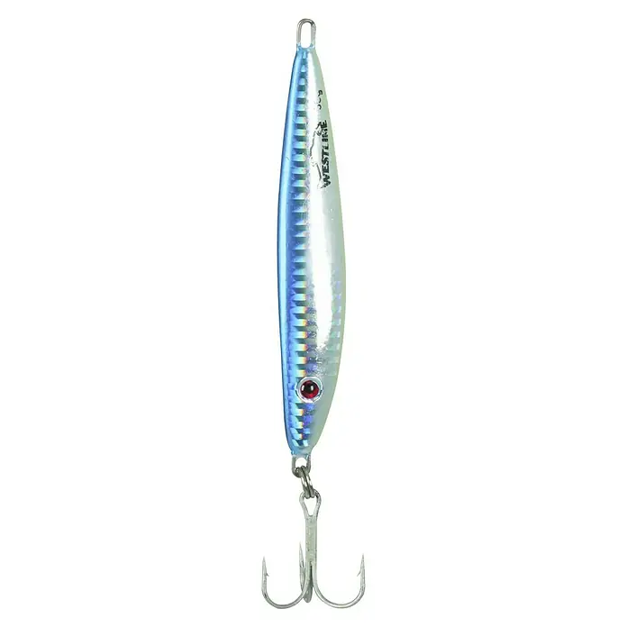 Westline Taumel-Pilker Wag Pilk - 100 g, Blau, 3D-Auge - Silberner Angelköder mit roten Augen und Drilling. Auf dem Köder ist die Aufschrift "Westline" zu lesen und er wiegt 30g.
