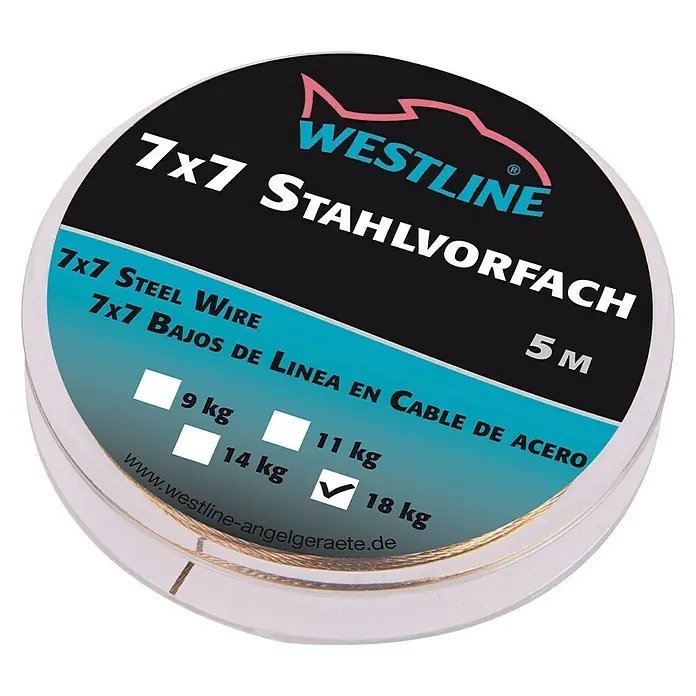 Westline Stahlvorfach 7 x 7 - Länge: 5 m, Tragkraft: 11 kg - Westline 7x7 Stahlvorfach: 18 kg Stahlvorfachspule, ideal zum Angeln. Hochwertiges, langlebiges Material für sicheren Halt.