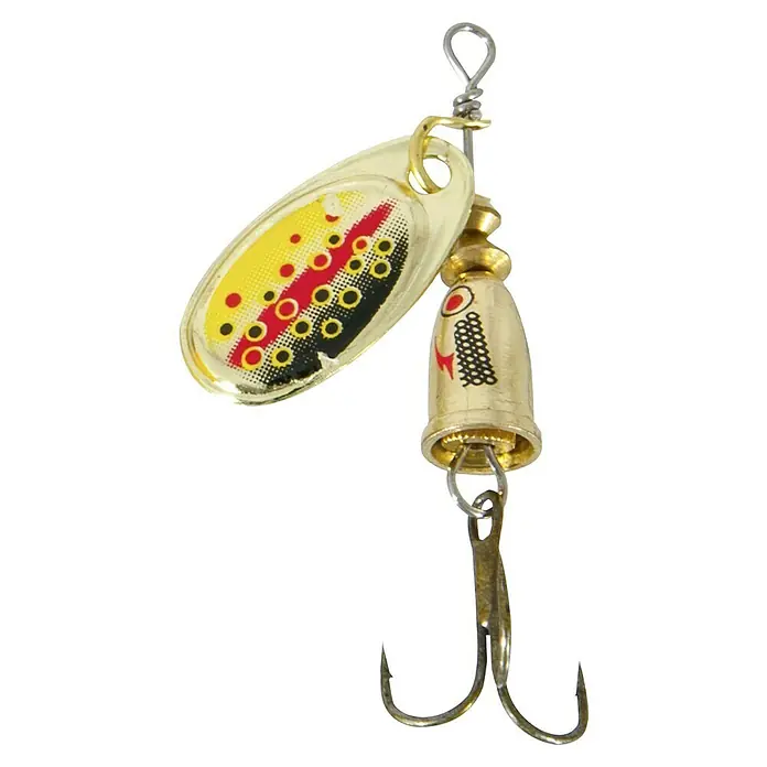 Westline Spinnerbait - Gold, Größe Haken: 3/0, 7 g - Nahaufnahme eines Angelköders mit Spinnerblatt und Drillinghaken. Der Köder ist golden und mit einem Muster verziert.