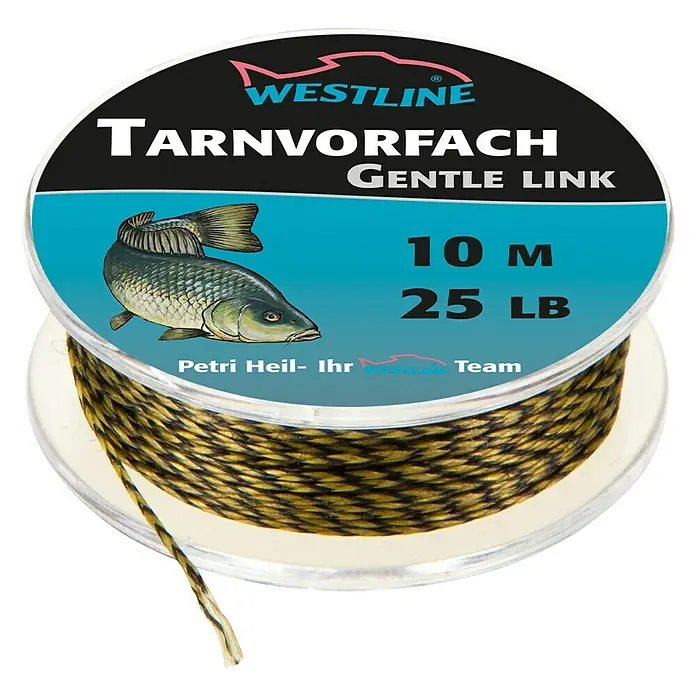 Westline Vorfach Gentle Link - Länge: 10 m, Tragkraft: 11 kg - Produktbild von "Westline Tarnvorfach Gentle Link" Angelschnur auf einer Spule, 10 Meter lang, 25 LB Tragkraft für Angler.