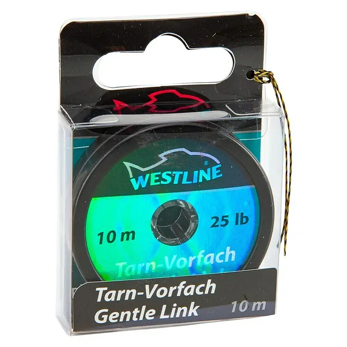 Westline Vorfach Gentle Link - Länge: 10 m, Tragkraft: 11 kg - Eine Packung Westline Tarn-Vorfach Gentle Link Angelschnur, 10 m lang und mit einer Tragkraft von 25 lb, präsentiert in einer transparenten Verpackung.
