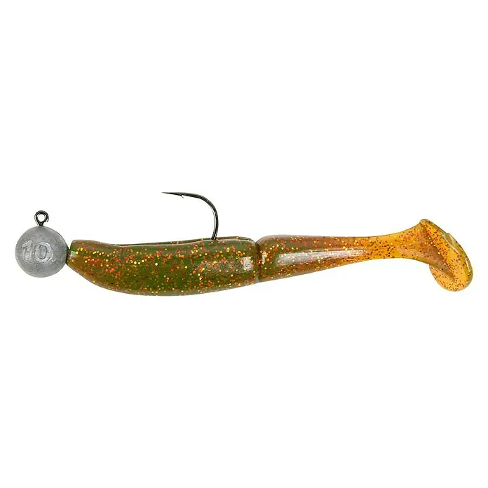 Westline Gummifisch-Set Ridge FishBraun, 60 g, Länge: 10 cm, 3 Stk. - Nahaufnahme eines Angelköders mit einem grünen Körper, goldenen Glitzerakzenten und einem am Haken befestigten Bleigewicht.