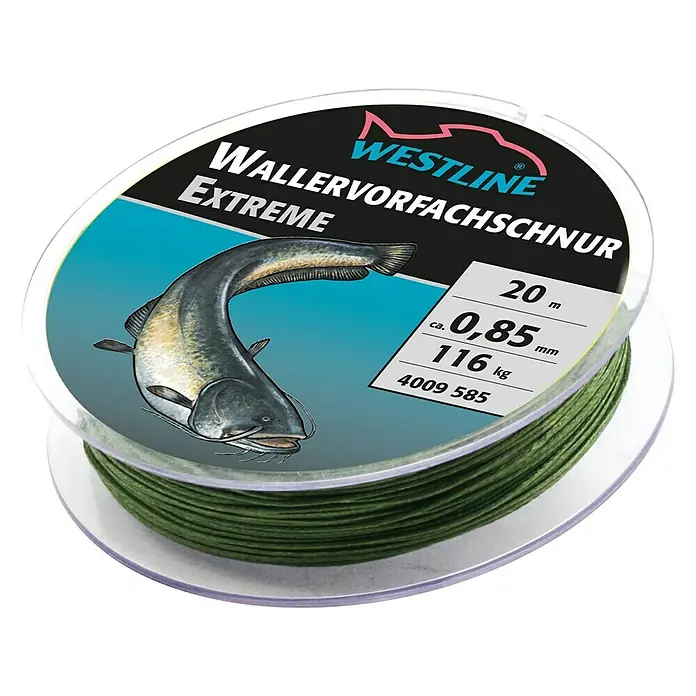 Westline Vorfach Extreme - Ø x L: 0,85 mm x 20 m, Tragkraft: 116 kg - WESTLINE Wallervorfachschnur Extreme 0,85mm 116kg 20m. Die geflochtene Angelschnur überzeugt mit ihrer hohen Tragkraft und Abriebfestigkeit.