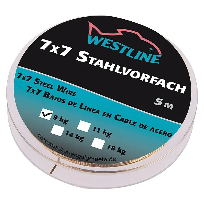 Westline Stahlvorfach 7 x 7 - Länge: 5 m, Tragkraft: 9 kg - Das Westline 7x7 Stahlvorfach, eine 5 Meter lange Stahlvorfachschnur mit einer Tragkraft von 9 kg, ideal für Angler.