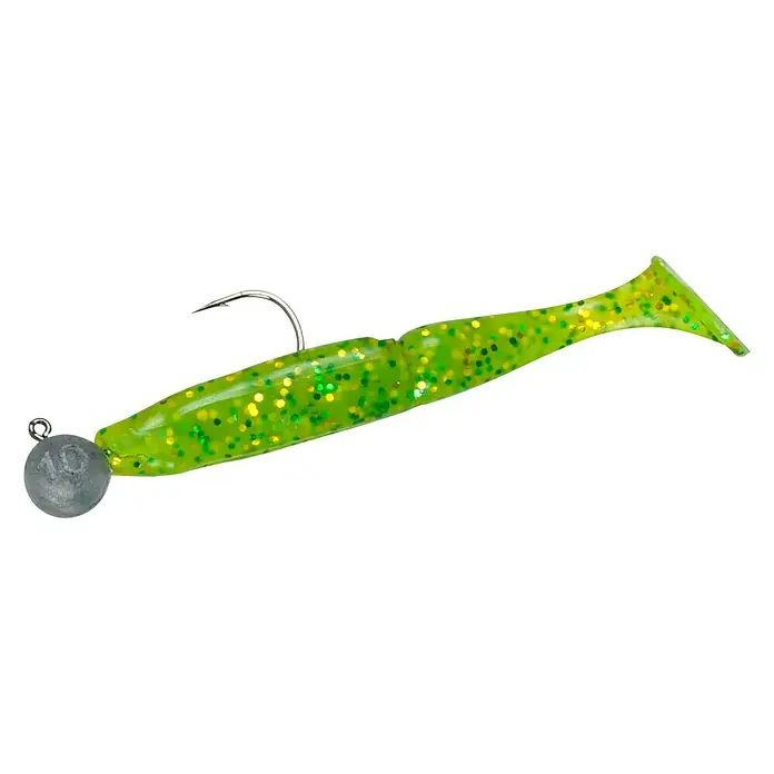 Westline Gummifisch-Set Ridge FishGrün, 60 g, Länge: 10 cm, 3 Stk. - Ein schimmernder, grün-goldener Gummiköder mit Haken und Bleikopf, ideal zum Angeln und Raubfischfang im Süß- oder Salzwasser.