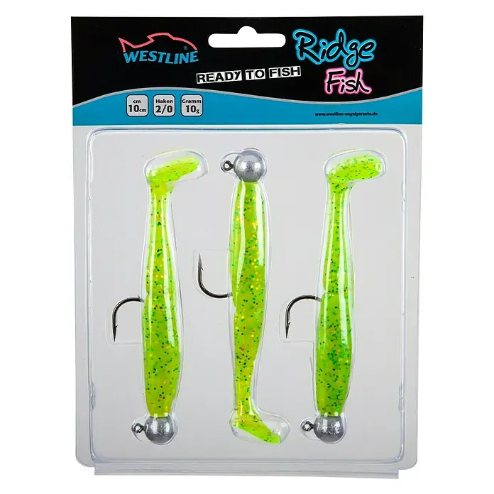 Westline Gummifisch-Set Ridge Fish - Grün, 60 g, Länge: 10 cm, 3 Stk. - Westline Ridge Fish Köderpackung, grün und gelb, mit drei Angelködern mit Haken und Gewichten, ideal zum Angeln.