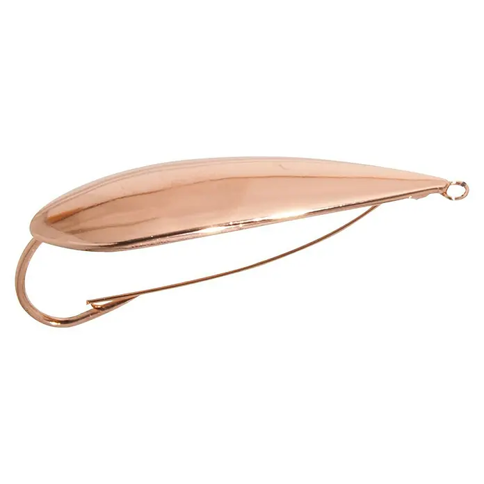 Westline Blinker Weed SpoonKupfer, 11 g - Nahaufnahme eines glänzenden, kupferfarbenen Angelköders mit einem einzelnen Haken und einem tropfenförmigen Körper.