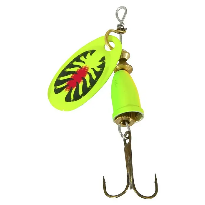 Westline Spinnerbait - Grün, Größe Haken: 3/0, 7 g - Nahaufnahme eines gelben Angelköders mit einem roten und schwarzen Muster auf dem Spinnerblatt und einem Drilling am unteren Ende.