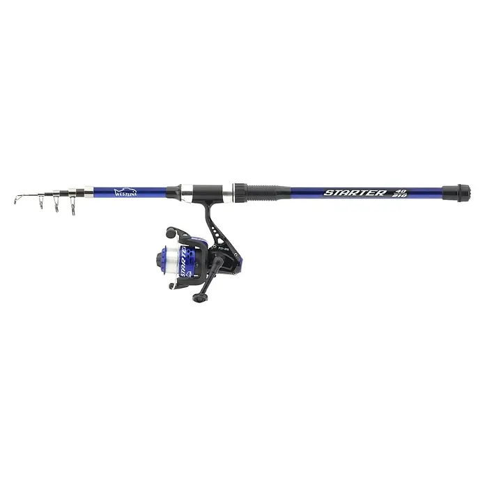 Westline Angel-Set Blue - Länge: 2,1 m, Blau, Schwarz - Eine blaue Westline Starter Angelrute mit Rolle, ideal für Angler, die eine zuverlässige und transportable Ausrüstung suchen.
