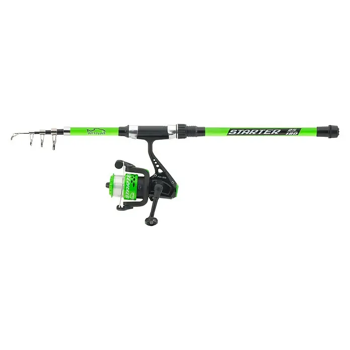 Westline Angel-Set Starter 180 - Länge: 1,8 m, Grün, Schwarz - Nahaufnahme einer Westline Starter Angel mit grüner Stange und Rolle, ideal für Anfänger und Gelegenheitsangler.