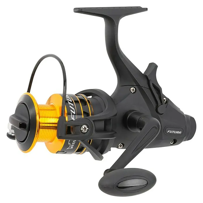 Westline Futura Angelrolle NG Runner 4000 - Gewicht: 445 g - Eine Angelrolle der Marke Futura mit goldener Spule und schwarzem Gehäuse, ideal für Angler.