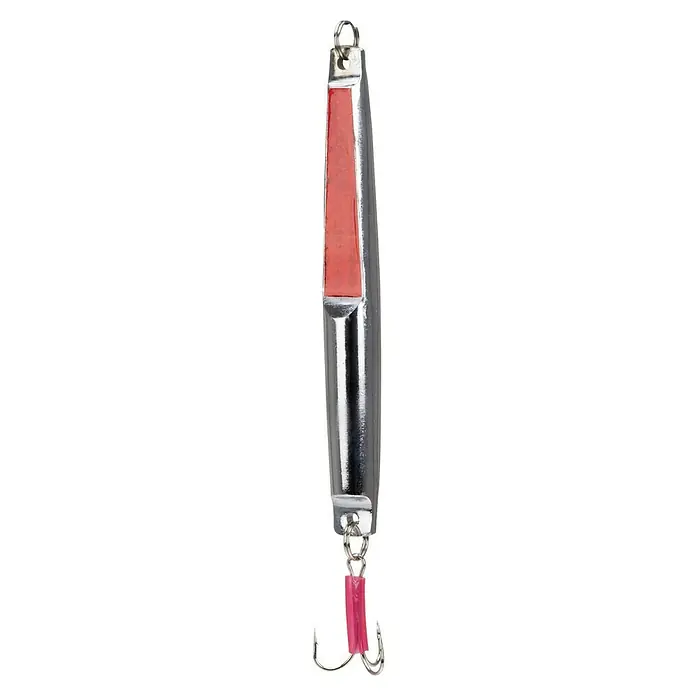 Westline Taumel-Pilker400 g, Rot - Ein glänzender, silberfarbener Pilker mit einem roten Akzent und einem Drilling mit pinkfarbenem Kunststoffüberzug, ideal zum Angeln.