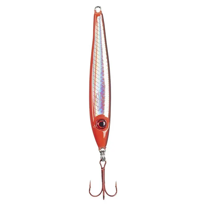 Westline Taumel-Pilker Shot Pilk - 60 g, Rot, 3D-Auge - Ein detailreicher, roter Pilker mit reflektierender Oberfläche und einem Drilling, ideal zum Angeln.