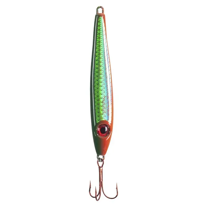 Westline Taumel-Pilker Shot Pilk - 60 g, Grün, 3D-Auge - Nahaufnahme eines farbenfrohen Angelköders mit Drilling, der zum Anlocken von Fischen beim Angeln verwendet wird.