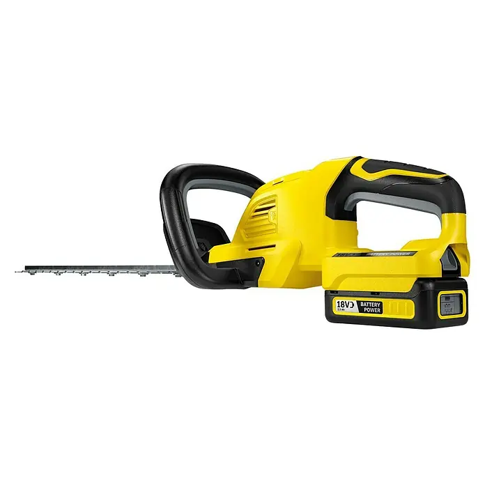 Kärcher Akku-Heckenschere HGE 18-45 Battery Set18 V, Li-Ionen, 1 Akku, Schnittlänge: 45 cm - Akkubetriebene Heckenschere mit gelbem Gehäuse und schwarzem Griff, die eine effiziente Gartenarbeit ermöglicht.\n