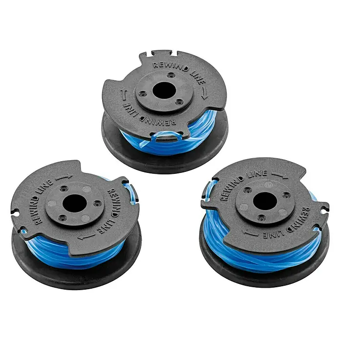 Kärcher Ersatzfadenspule - Passend für: Kärcher Akku-Rasentrimmer 18 V Battery Power-Serie, Fadenstärke: 1,6 mm - Drei Spulen mit blauer Trimmerschnur, die mit "REWIND LINE" gekennzeichnet sind, liegen auf einem schwarzen Hintergrund.