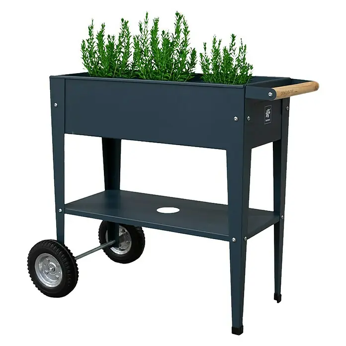 Herstera Garden Kräuterhochbeet Urban - L x B x H: 85 x 50 x 80 cm, Anthrazit - Mobiler Hochbeetwagen aus Metall mit Holzgriff und Pflanzen. Das perfekte Gartenaccessoire für den flexiblen Anbau von Kräutern und Gemüse.