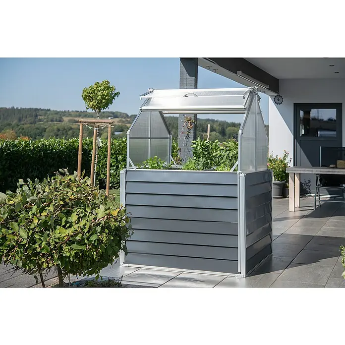 Westmann Hochbeet Store & Grow - 120 x 120 x 169 cm, Stahl, Anthrazit - Ein graues Hochbeet mit transparentem Aufsatz steht im Garten. Das Beet ist mit Pflanzen bepflanzt und die Umgebung ist grün und sonnig.