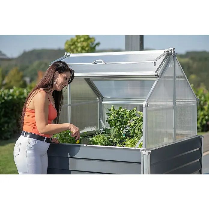Westmann Hochbeet Store & Grow - 120 x 120 x 169 cm, Stahl, Anthrazit - Frau, die sich um Pflanzen in einem Hochbeet-Gewächshaus kümmert, mit durchsichtigen Wänden und silbernem Rahmen, ideal für den Garten.