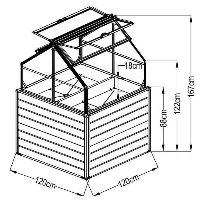 Westmann Hochbeet Store & Grow - 120 x 120 x 169 cm, Stahl, Anthrazit - Abbildung eines Hochbeet-Gewächshauses mit den Maßen 120x120x167cm, ideal für den Garten oder Balkon zur Pflanzenanzucht.
