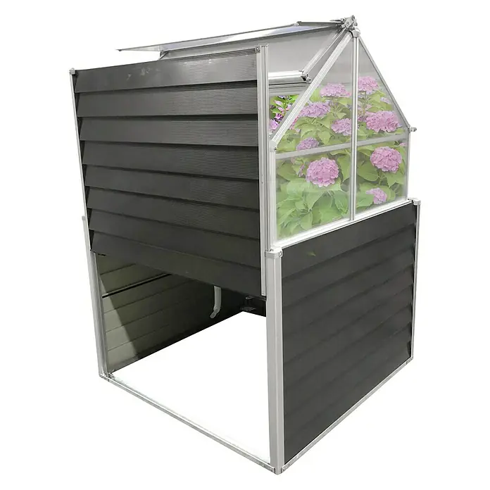 Westmann Hochbeet Store & Grow - 120 x 120 x 169 cm, Stahl, Anthrazit - Ein Gewächshaus mit grauem Holz und Blumen im Inneren. Es ist eine großartige Ergänzung für jeden Garten und ideal für den Anbau von Pflanzen.