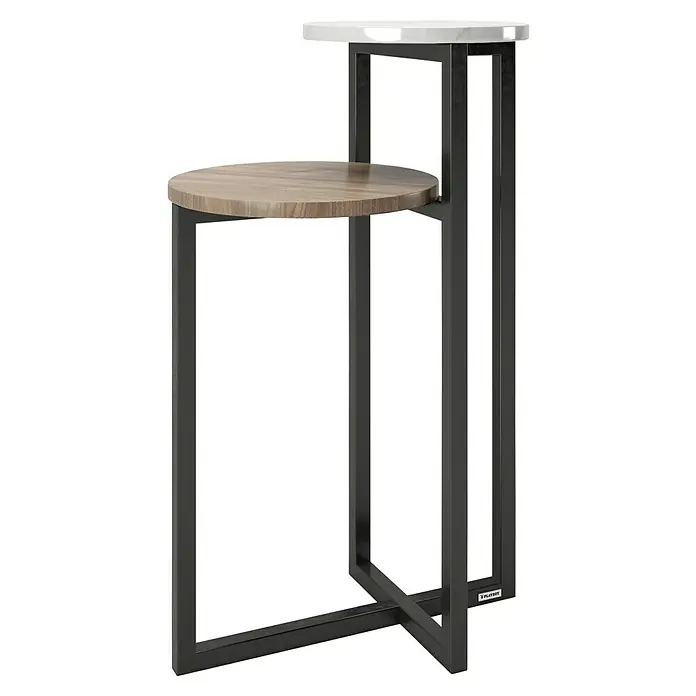 Phönix Playboy Beistelltisch Cheryl - L x B x H: 49 x 49 x 80 cm, Nussbaum, Anzahl Böden: 2 Stk. - Zweistöckiger Beistelltisch mit einer Marmorplatte und einer Holzplatte, getragen von einem schwarzen Metallgestell.