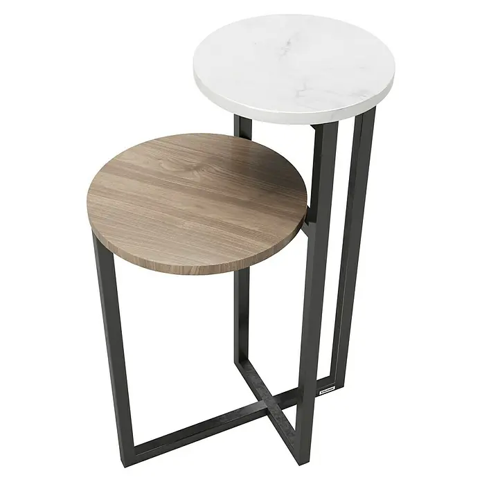 Phönix Playboy Beistelltisch Cheryl - L x B x H: 49 x 49 x 80 cm, Nussbaum, Anzahl Böden: 2 Stk. - Ein moderner Beistelltisch mit zwei runden Tischplatten in Holzoptik und Marmor, getragen von einem schlanken, dunklen Metallgestell.