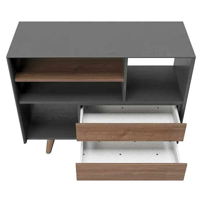 Phönix Playboy Regal Victoria - L x B x H: 38 x 110 x 97,4 cm, Nussbaum - Schrank mit Regalen und Schubladen. Das Möbelstück ist in Grau und Holzoptik gehalten und hat ein modernes Design.