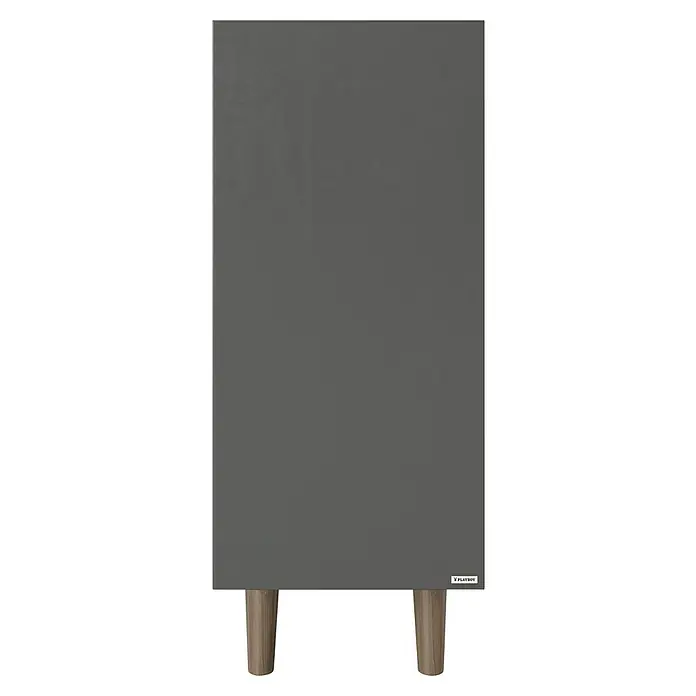 Phönix Playboy Regal Victoria - L x B x H: 38 x 110 x 97,4 cm, Nussbaum - Ein grauer, rechteckiger Schallabsorber von PLAYBOY mit Holzfüßen, ideal für akustische Verbesserungen in jedem Raum.