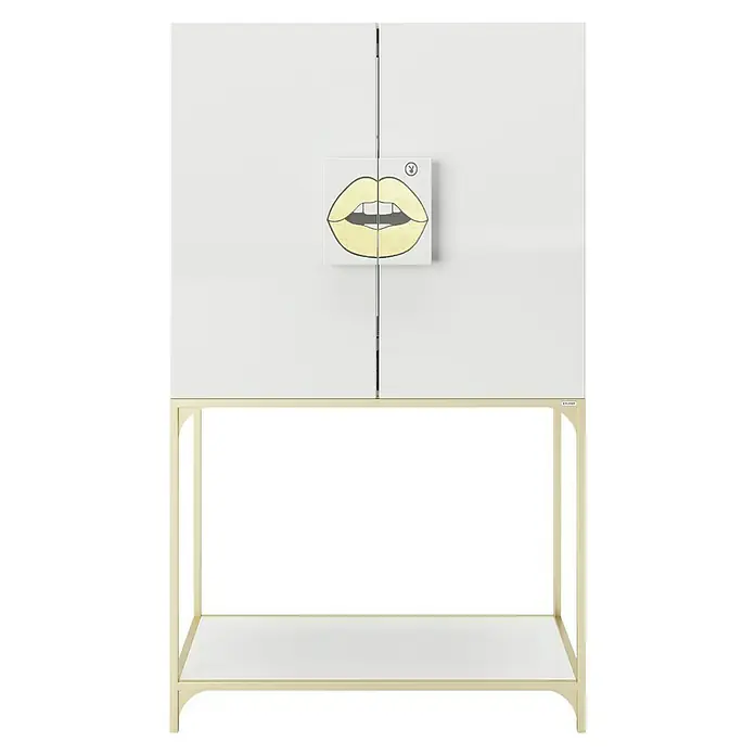 Phönix Playboy Mehrzweckschrank Brandi - L x B x H: 45 x 100 x 170 cm, Weiß - Elegantes weißes Sideboard mit goldenem Gestell und auffälligem Mund-Motiv. Ein stilvolles Möbelstück für moderne Wohnräume.