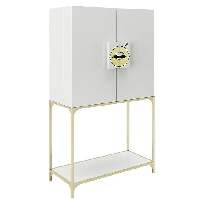 Phönix Playboy Mehrzweckschrank Brandi - L x B x H: 45 x 100 x 170 cm, Weiß - Eleganter weißer Schrank mit Lippen-Motiv auf goldenem Gestell mit zusätzlicher Ablage für stilvolle Aufbewahrung.