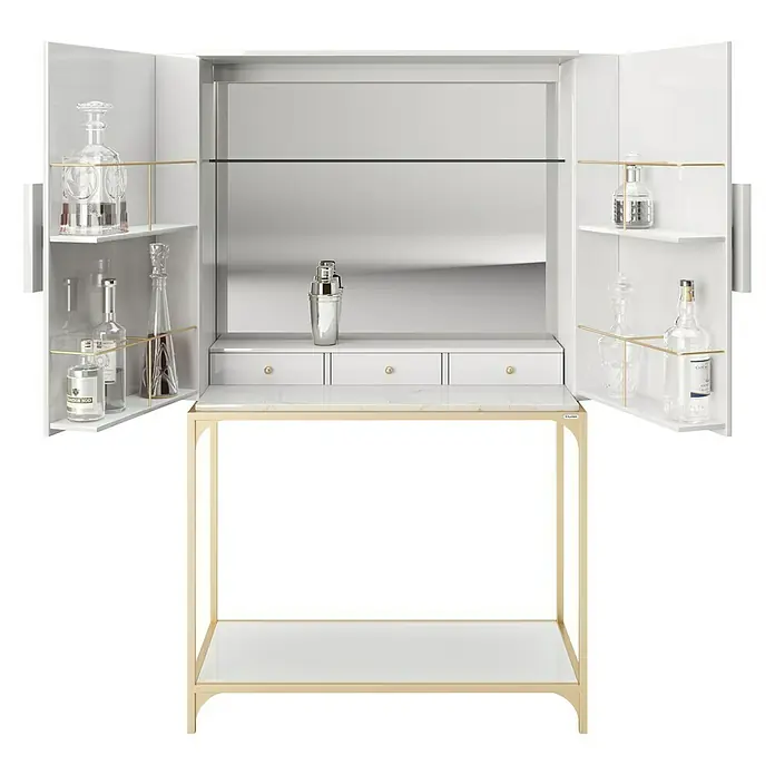 Phönix Playboy Mehrzweckschrank Brandi - L x B x H: 45 x 100 x 170 cm, Weiß - Eleganter, weißer Barschrank mit goldenen Akzenten und einer Auswahl an Spirituosen, ideal für stilvolle Unterhaltung.