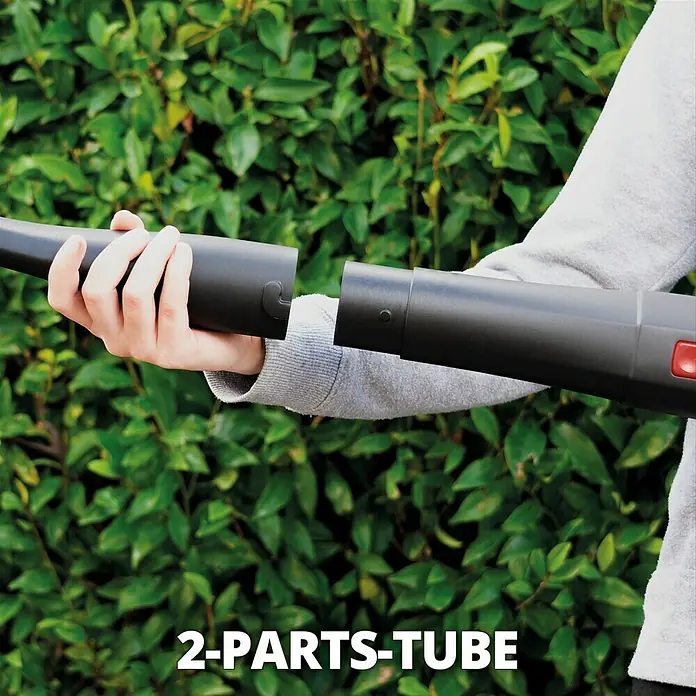 Einhell Power X-Change 18V Akku-Laubbläser GC-CL18/1 LI E-SOLO - 18 V, Ohne Akku, Blasgeschwindigkeit: 210 km/h, Blasleistung: 0 m³/h - 105 m³/h - Detailaufnahme eines zweiteiligen Rohres, das zu einem Laubbläser gehört und die einfache Montage hervorhebt.