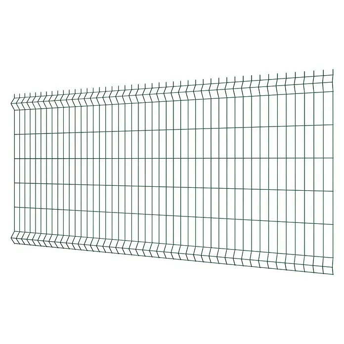 Panel de malla Eco Plus - L x Al: 2 x 1 m, Verde - Ilustración de una valla de doble alambre verde sobre un fondo negro. La valla es robusta y ofrece seguridad.