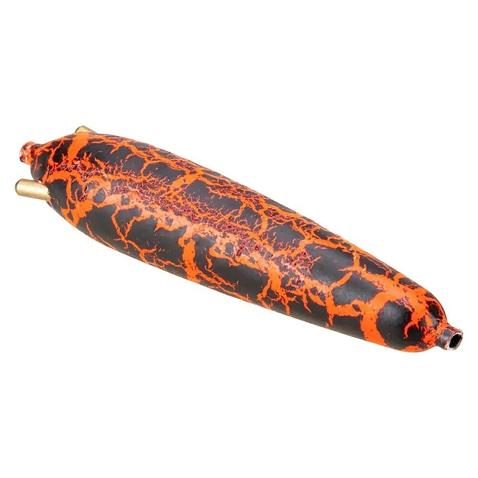 Westline Pose - 2 Stk., 13 g, 2 Metallrasseln - Nahaufnahme eines Feuerfarbenen Glasschnitzrohres mit lebendigem Muster und einzigartigem Design.