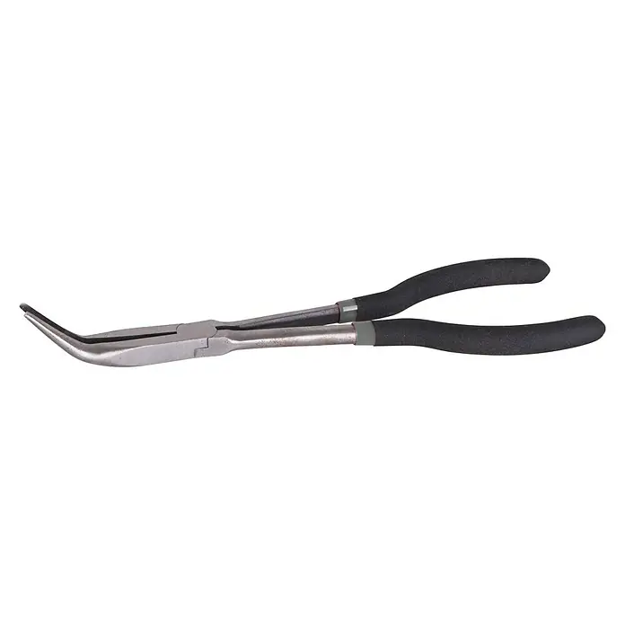Westline Hakenlöser - Länge: 28 cm - Eine gebogene Spitzzange mit silberfarbenem Metallkörper und schwarzen Griffen, die für präzise Arbeiten in schwer zugänglichen Bereichen geeignet ist.