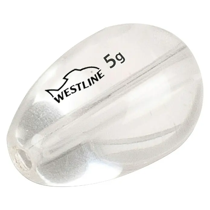 Westline Glasblei T-Drop Ghost - 5 g, 5 Stk. - Klarer, tropfenförmiger Westline 5g Pose mit Logo, ideal zum Angeln. Das Produkt ist transparent und hat eine längliche Form für optimale Sichtbarkeit.