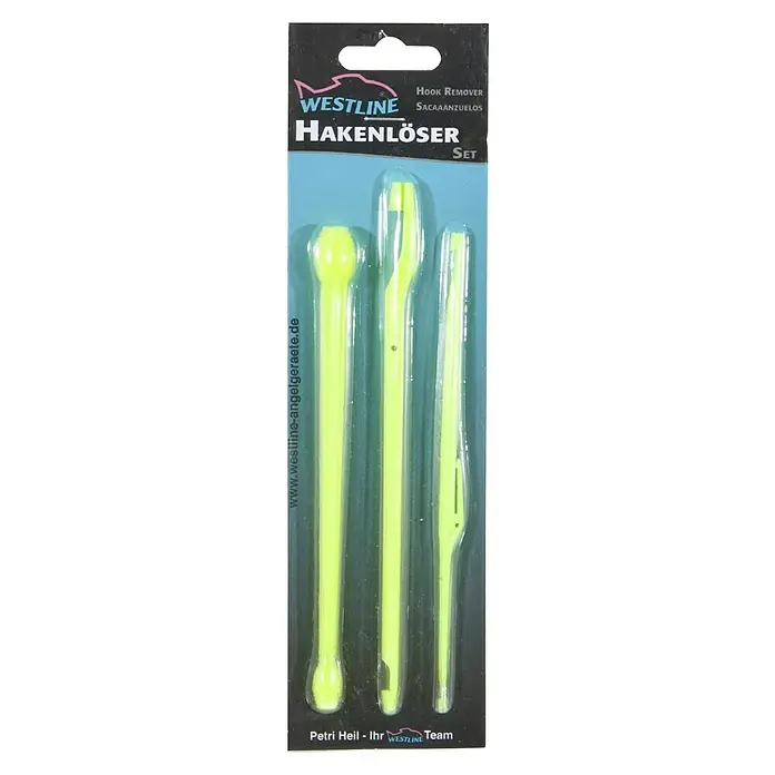 Westline Hakenlöser - 3 Stk. - Ein Set von drei gelben Westline Hakenlösern in einer transparenten Verpackung. Hilfreich für Angler zum Lösen von Haken.