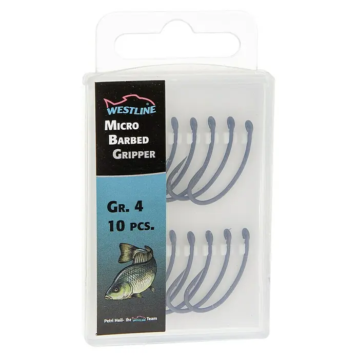 Westline Angelhaken Micro Barbed Gripper - Größe Haken: 4, 10 Stk., Allround - Nahaufnahme einer Packung Westline Micro Barbed Gripper Angelhaken der Größe 4, die 10 Stück enthält, vor einem neutralen Hintergrund.