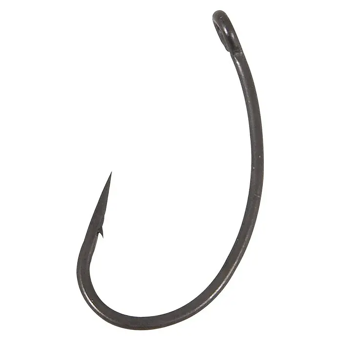 Westline Angelhaken Micro Barbed Gripper - Größe Haken: 6, 10 Stk., Allround - Nahaufnahme eines schwarzen, gebogenen Angelhakens mit scharfer Spitze und Öse am Ende für die Angelschnur.