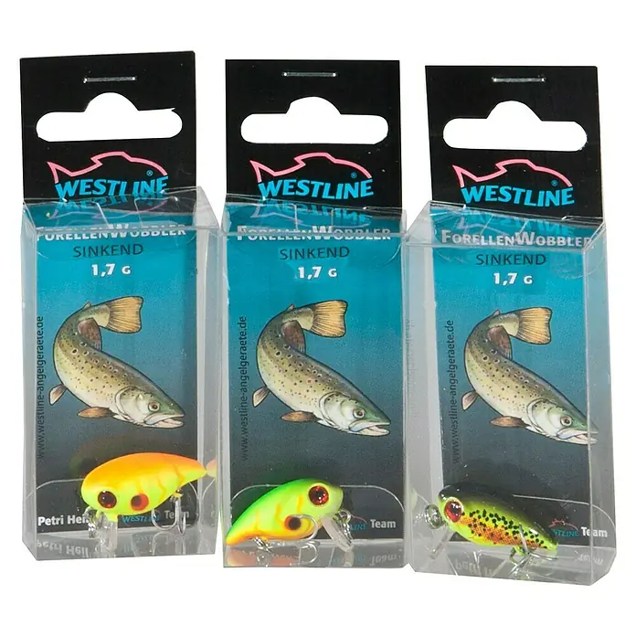 Westline Wobbler - Zielfisch: Forelle, Mit Drilling, OG - Drei Forellenwobbler der Marke Westline in verschiedenen Farben, verpackt und zum Verkauf angeboten.