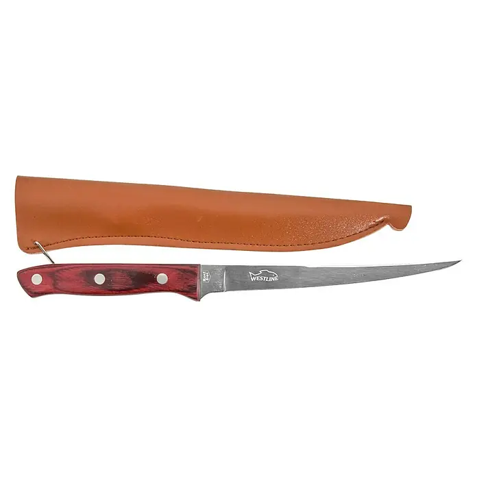 Westline Filetiermesser Norge - Klingenlänge: 18,5 cm - Das Westline Filetiermesser mit rot-braunem Holzgriff und brauner Lederscheide. Ideal für Fischliebhaber und Küchenchefs.
