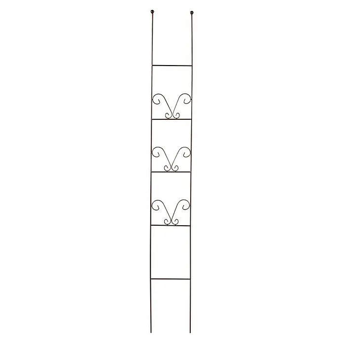 Floraworld Zierspalier Venezien - 23 x 180 cm, Stahl, Rostoptik - Bild einer eleganten schmiedeeisernen Treppe mit dekorativen Verzierungen, die das raffinierte Design und die handwerkliche Qualität hervorheben.