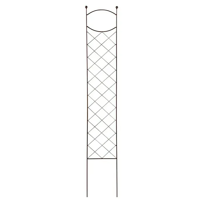 Floraworld Zierspalier Ligurien - 24 x 150 cm, Stahl, Rostoptik - Nahaufnahme einer braunen Gartenobelisk aus Metall mit einem rautenförmigen Gitterdesign und einem gebogenen Oberteil.
