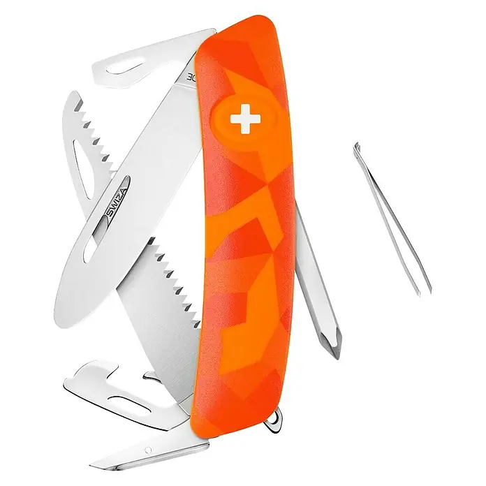 Swiza Kinder-Taschenmesser mit Säge J06 - Klingenlänge: 72 mm, Orange - Das Swiza Swiss Knife, ein Taschenmesser mit orangem Griff und verschiedenen Werkzeugen, ideal für Outdoor-Abenteuer und den täglichen Gebrauch.