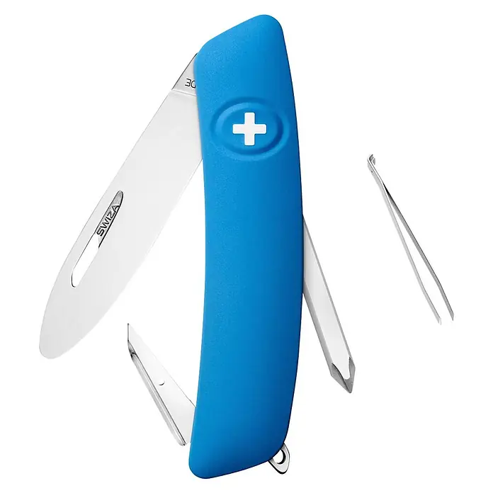 Swiza Kinder-Taschenmesser J02 - Klingenlänge: 72 mm, Blau - Das blaue SWIZA Taschenmesser mit diversen Werkzeugen ist ein praktischer Alltagsbegleiter für unterwegs.