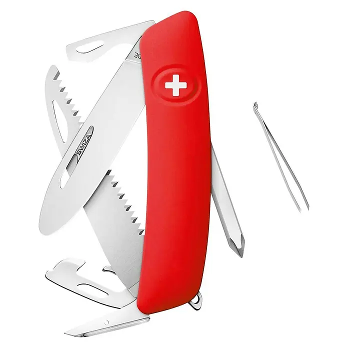 Swiza Kinder-Taschenmesser mit Säge J06 - Klingenlänge: 72 mm, Rot - Ein Swiza Schweizer Taschenmesser mit rotem Griff und verschiedenen Werkzeugen, darunter Säge, Schraubendreher und Pinzette.