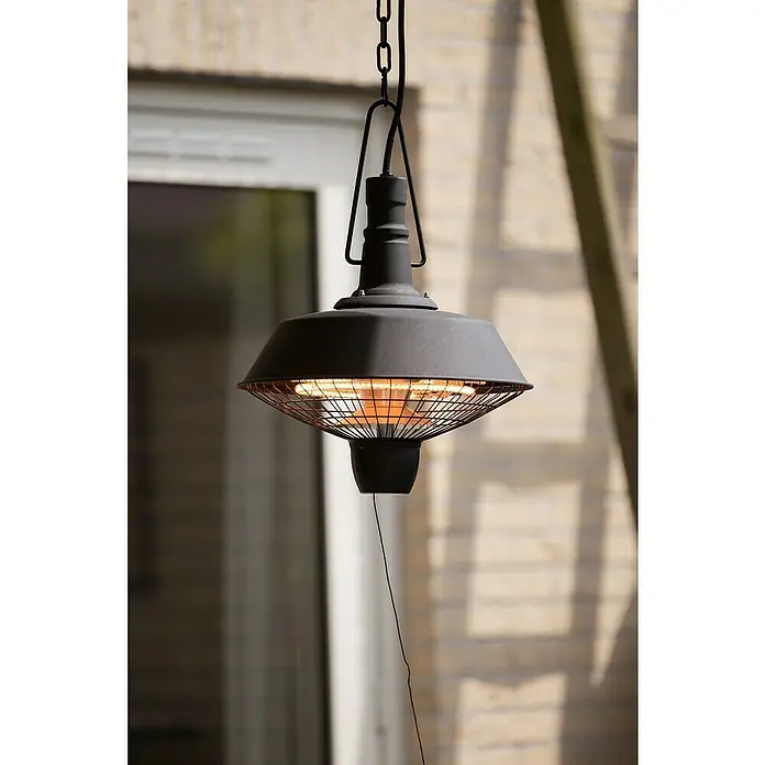 Sunred Calefactor de techo Indus - 2.100 W, Negro, Diámetro: 36 cm - Un calefactor de patio infrarrojo negro colgante proporciona calor y luz a los espacios exteriores, con una rejilla protectora alrededor de los elementos calefactores.